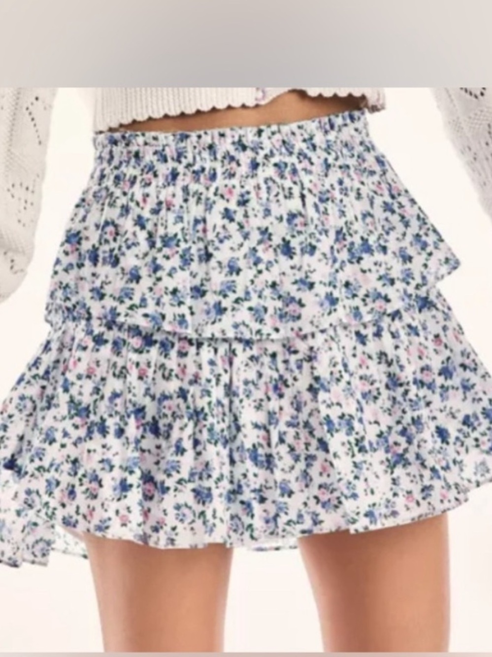 Loveshackfancy Mini Skirt in White with Blue and Pink Flowers in Blue Jay song